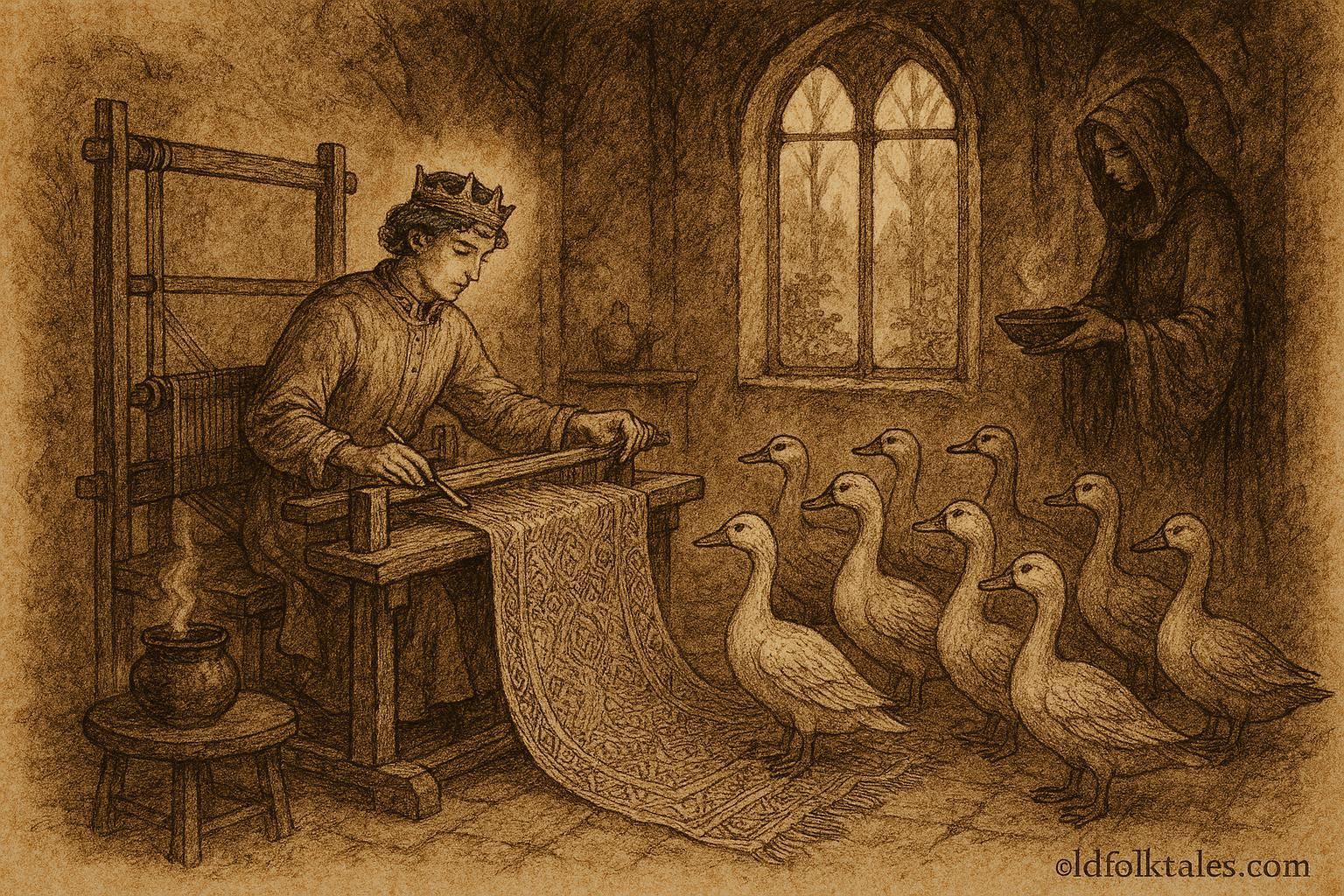 Parchment-style illustration of a prince weaving magical garments to restore twelve sisters from wild ducks, Norwegian folklore.