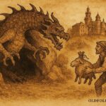 Parchment-style artwork of the Wawel Dragon being tricked by a clever shoemaker, Polish folktale scene.