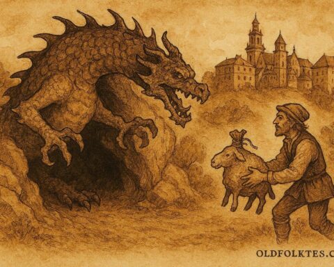 Parchment-style artwork of the Wawel Dragon being tricked by a clever shoemaker, Polish folktale scene.
