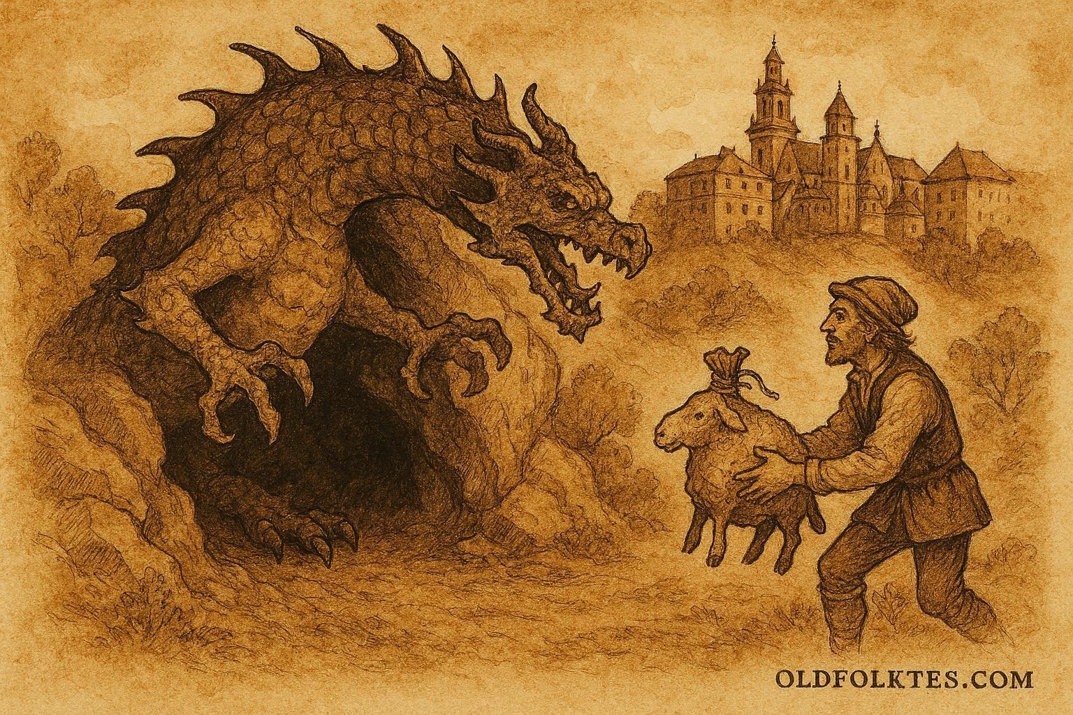Parchment-style artwork of the Wawel Dragon being tricked by a clever shoemaker, Polish folktale scene.