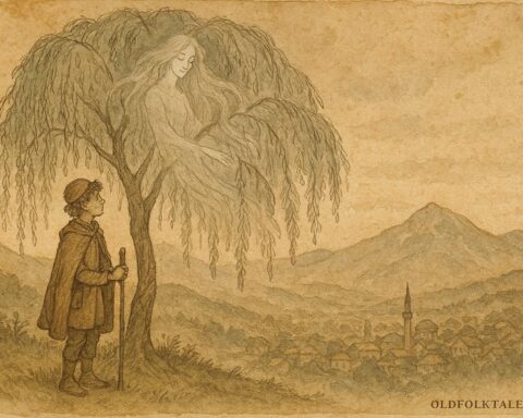 Parchment-style illustration of Mirsad confronting the weeping willow and its trapped spirit, Bosnian folktale scene.