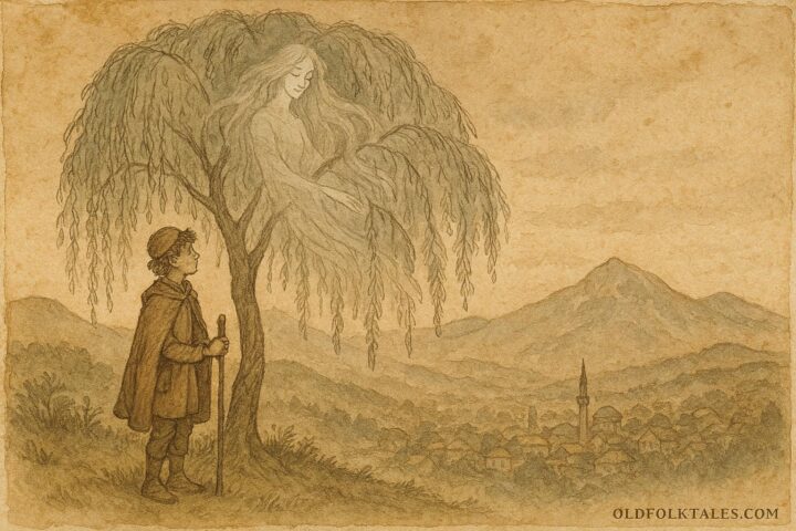 Parchment-style illustration of Mirsad confronting the weeping willow and its trapped spirit, Bosnian folktale scene.