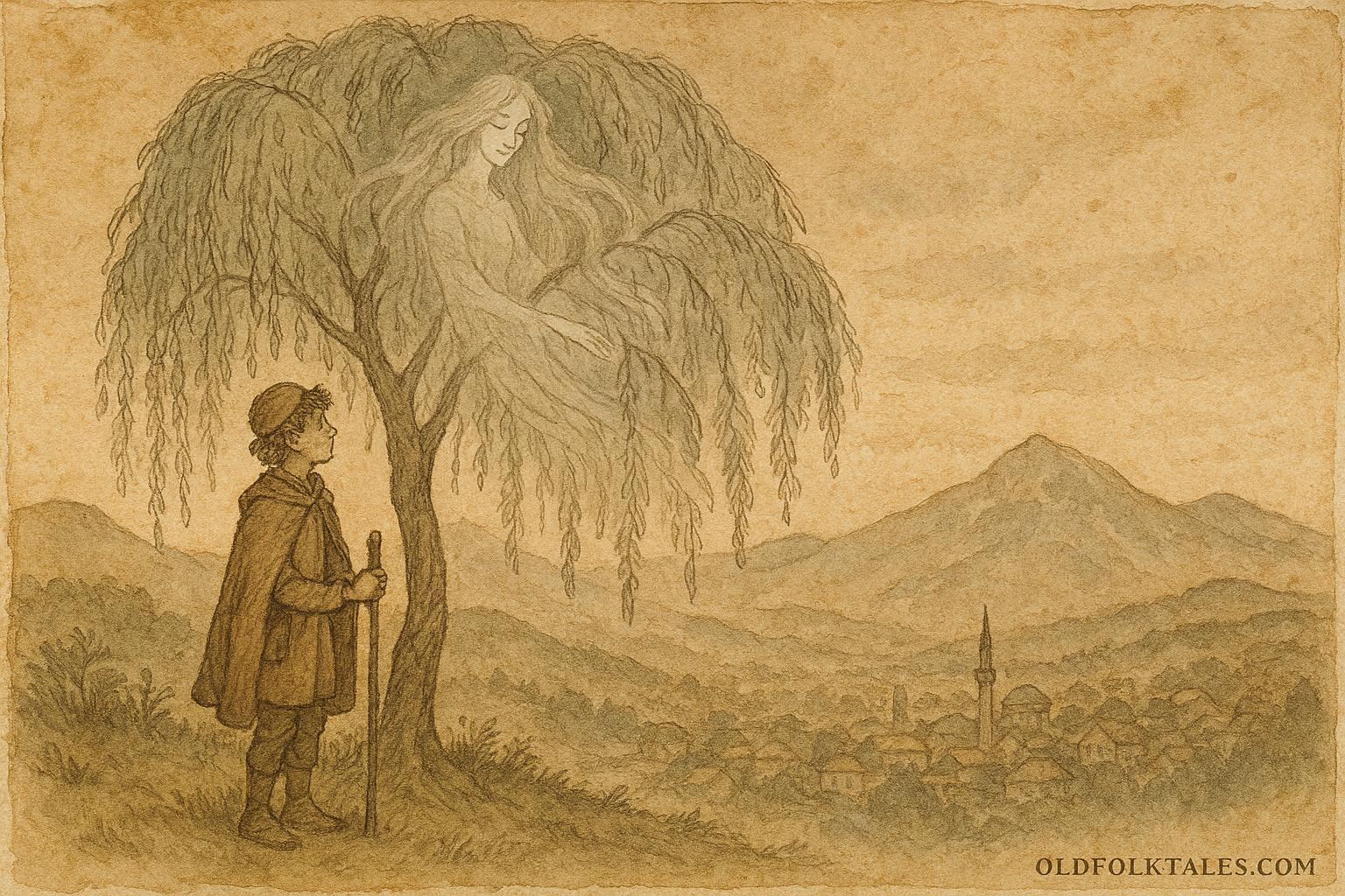 Parchment-style illustration of Mirsad confronting the weeping willow and its trapped spirit, Bosnian folktale scene.