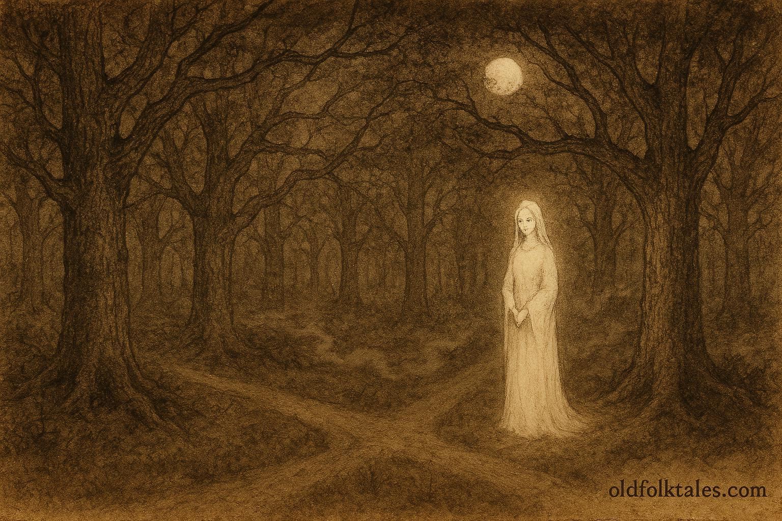 Parchment-style illustration of the White Lady at a forest crossroads, Walloon folktale scene.