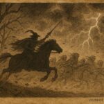 Parchment-style illustration of ghostly riders in a stormy Luxembourg forest, Wild Hunt folktale.