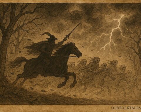 Parchment-style illustration of ghostly riders in a stormy Luxembourg forest, Wild Hunt folktale.