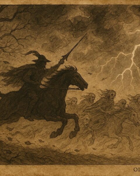 Parchment-style illustration of ghostly riders in a stormy Luxembourg forest, Wild Hunt folktale.