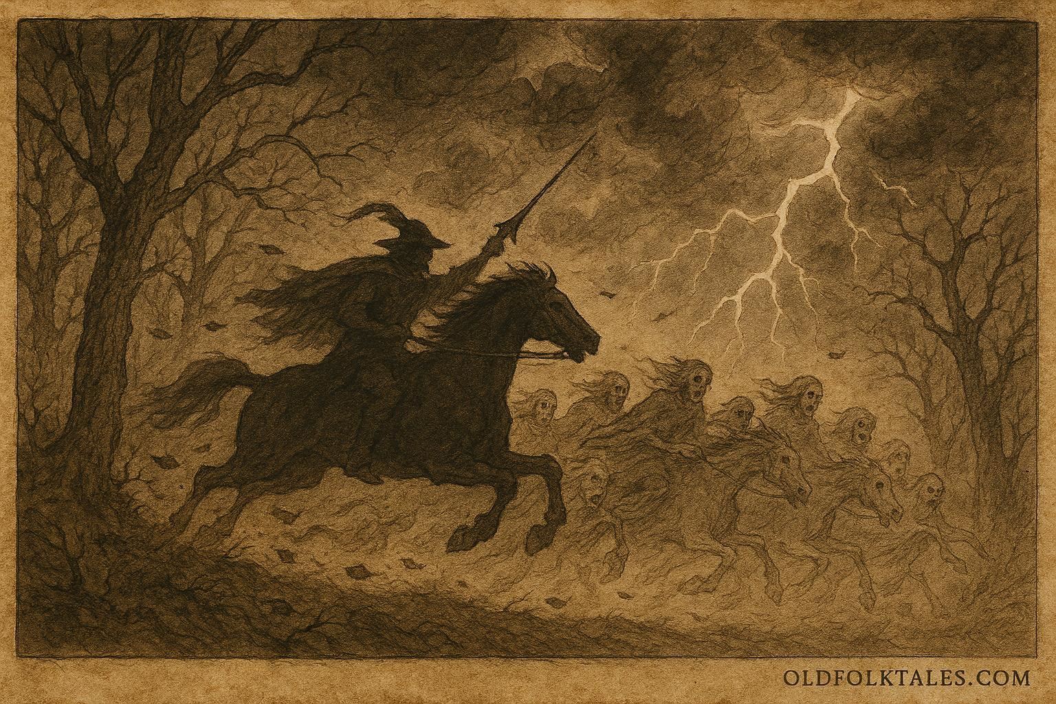 Parchment-style illustration of ghostly riders in a stormy Luxembourg forest, Wild Hunt folktale.