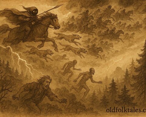 An artwork of the Wild Huntsman chasing ghostly souls, German folktale scene.