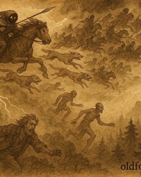 An artwork of the Wild Huntsman chasing ghostly souls, German folktale scene.