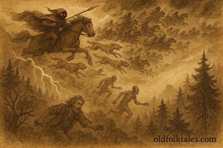 An artwork of the Wild Huntsman chasing ghostly souls, German folktale scene.