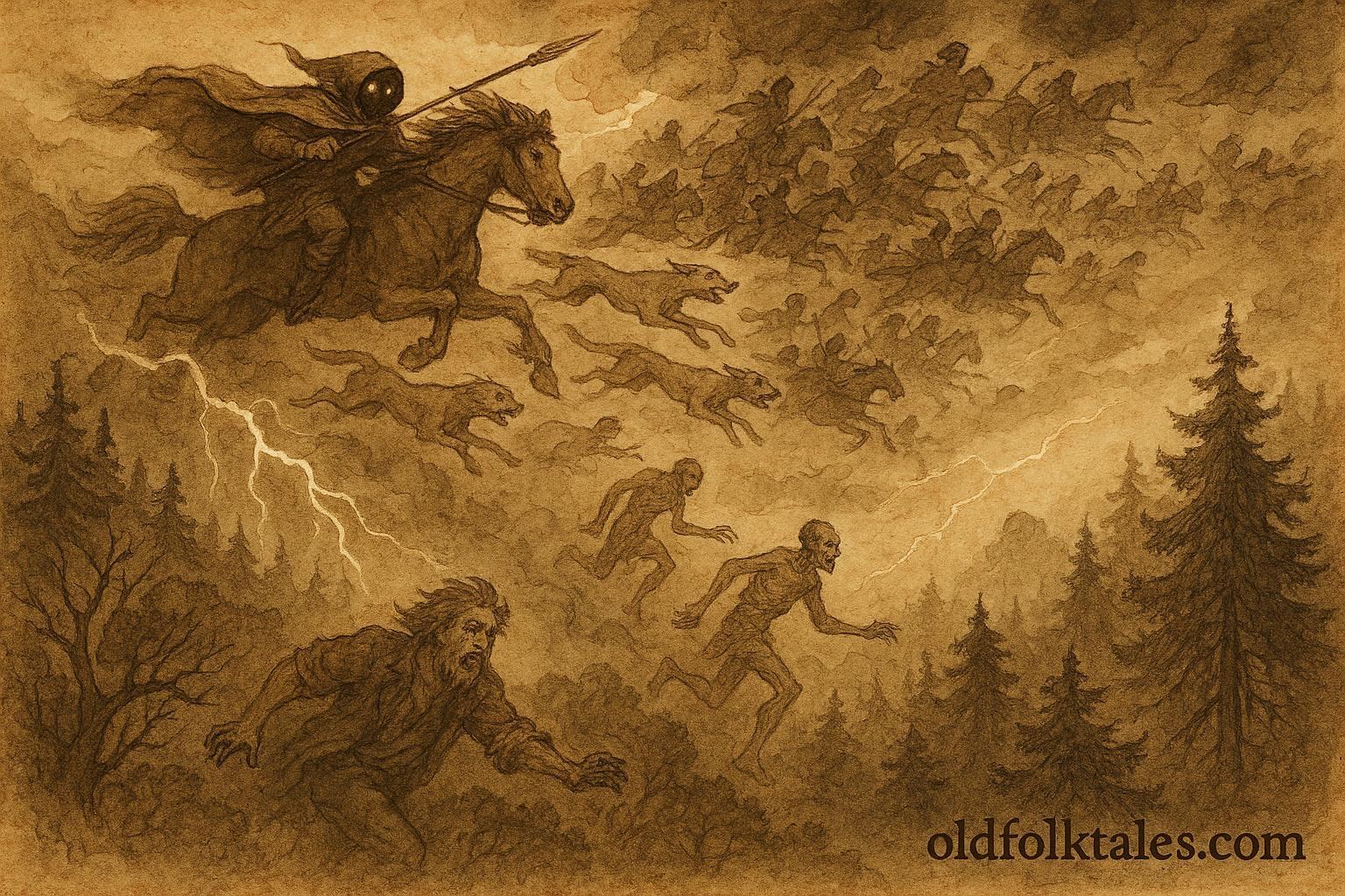 An artwork of the Wild Huntsman chasing ghostly souls, German folktale scene.