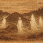 Parchment-style artwork of the Witte Wieven spirits in misty hills, Dutch folklore scene.