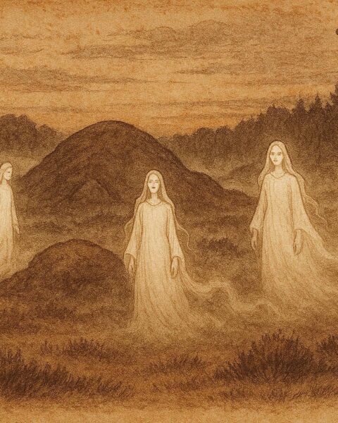 Parchment-style artwork of the Witte Wieven spirits in misty hills, Dutch folklore scene.