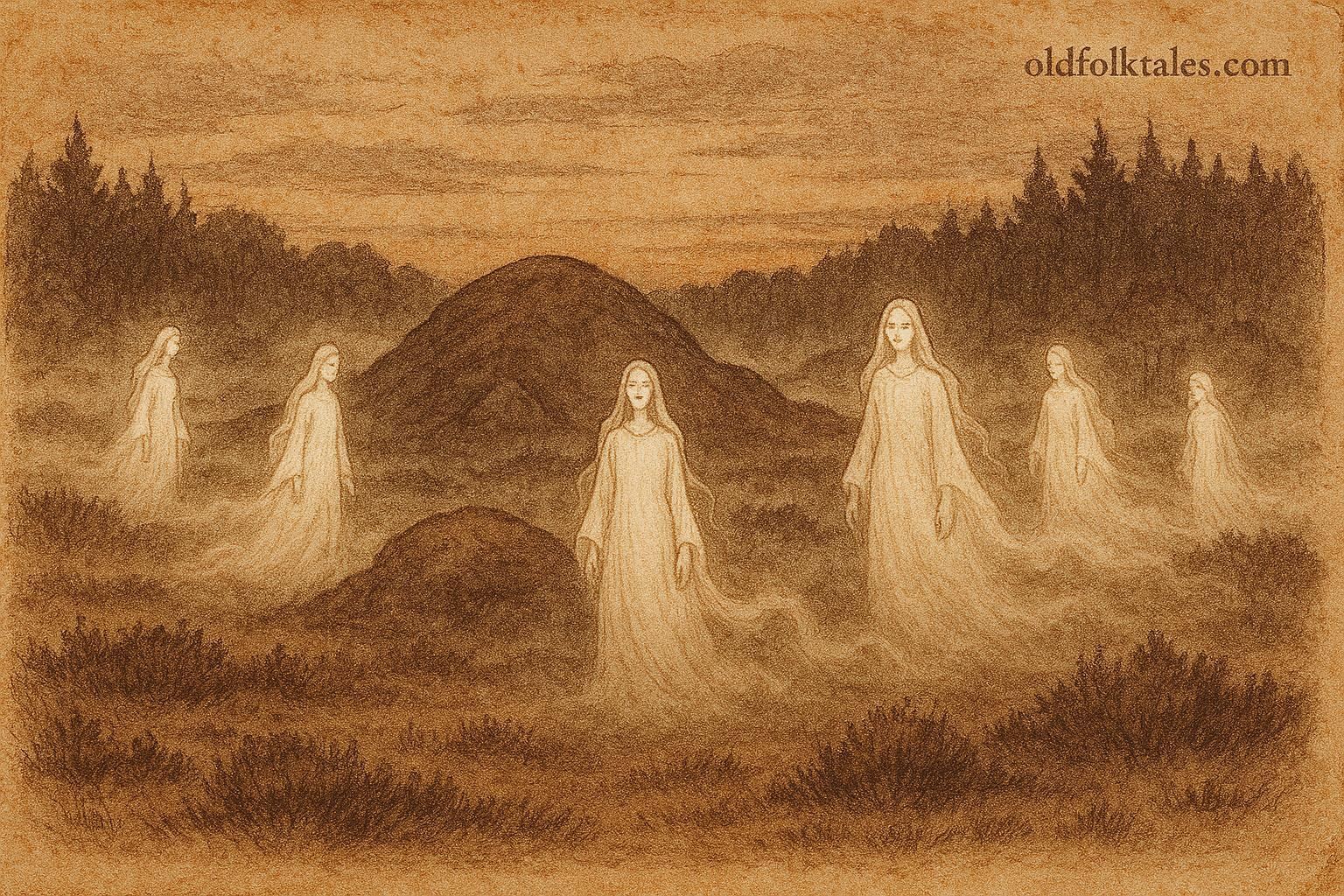 Parchment-style artwork of the Witte Wieven spirits in misty hills, Dutch folklore scene.