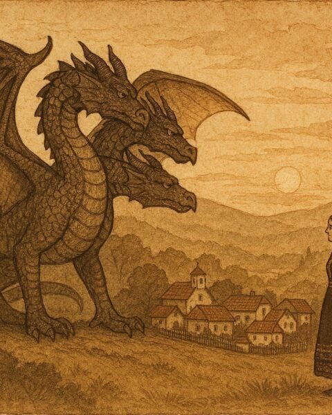 Parchment-style illustration of a Zmey and a maiden overlooking a Bulgarian village, folklore scene.