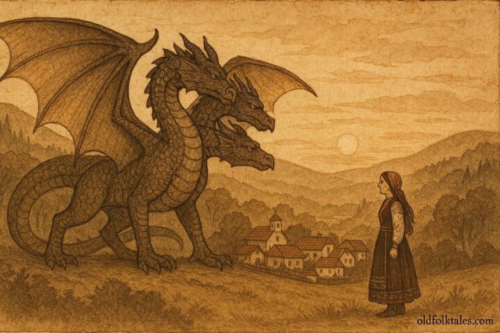 Parchment-style illustration of a Zmey and a maiden overlooking a Bulgarian village, folklore scene.
