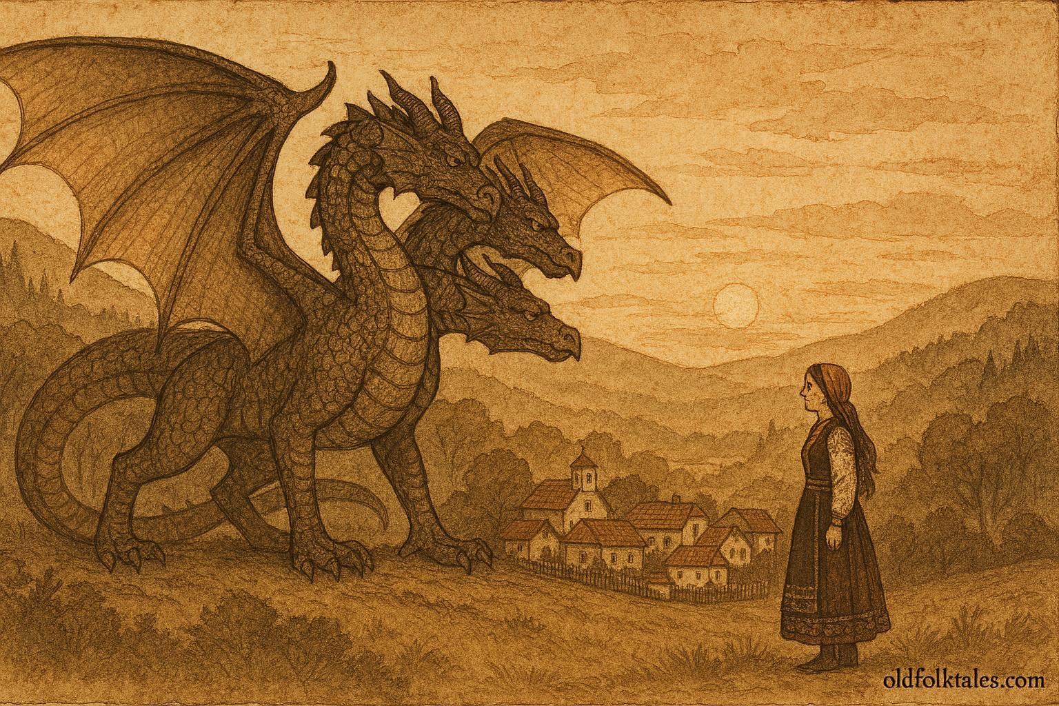 Parchment-style illustration of a Zmey and a maiden overlooking a Bulgarian village, folklore scene.