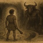 Parchment-style illustration of Theseus confronting the Minotaur in the labyrinth, Greek myth scene.