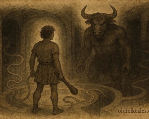 Parchment-style illustration of Theseus confronting the Minotaur in the labyrinth, Greek myth scene.