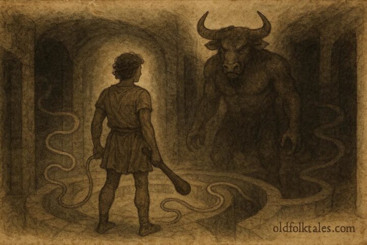 Parchment-style illustration of Theseus confronting the Minotaur in the labyrinth, Greek myth scene.