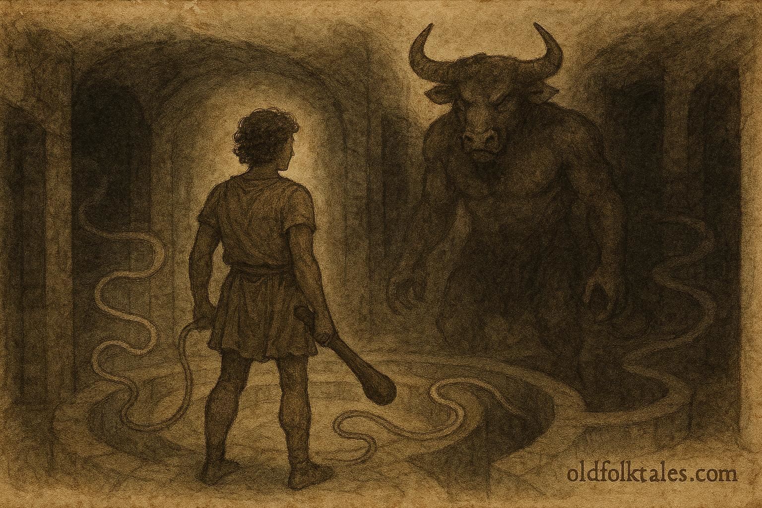 Parchment-style illustration of Theseus confronting the Minotaur in the labyrinth, Greek myth scene.