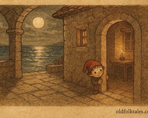 Parchment-style illustration of Tintilinić, red-capped night spirit child, inside a Croatian home at night.