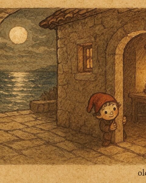 Parchment-style illustration of Tintilinić, red-capped night spirit child, inside a Croatian home at night.