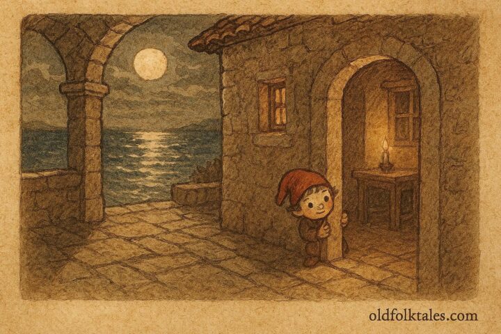 Parchment-style illustration of Tintilinić, red-capped night spirit child, inside a Croatian home at night.