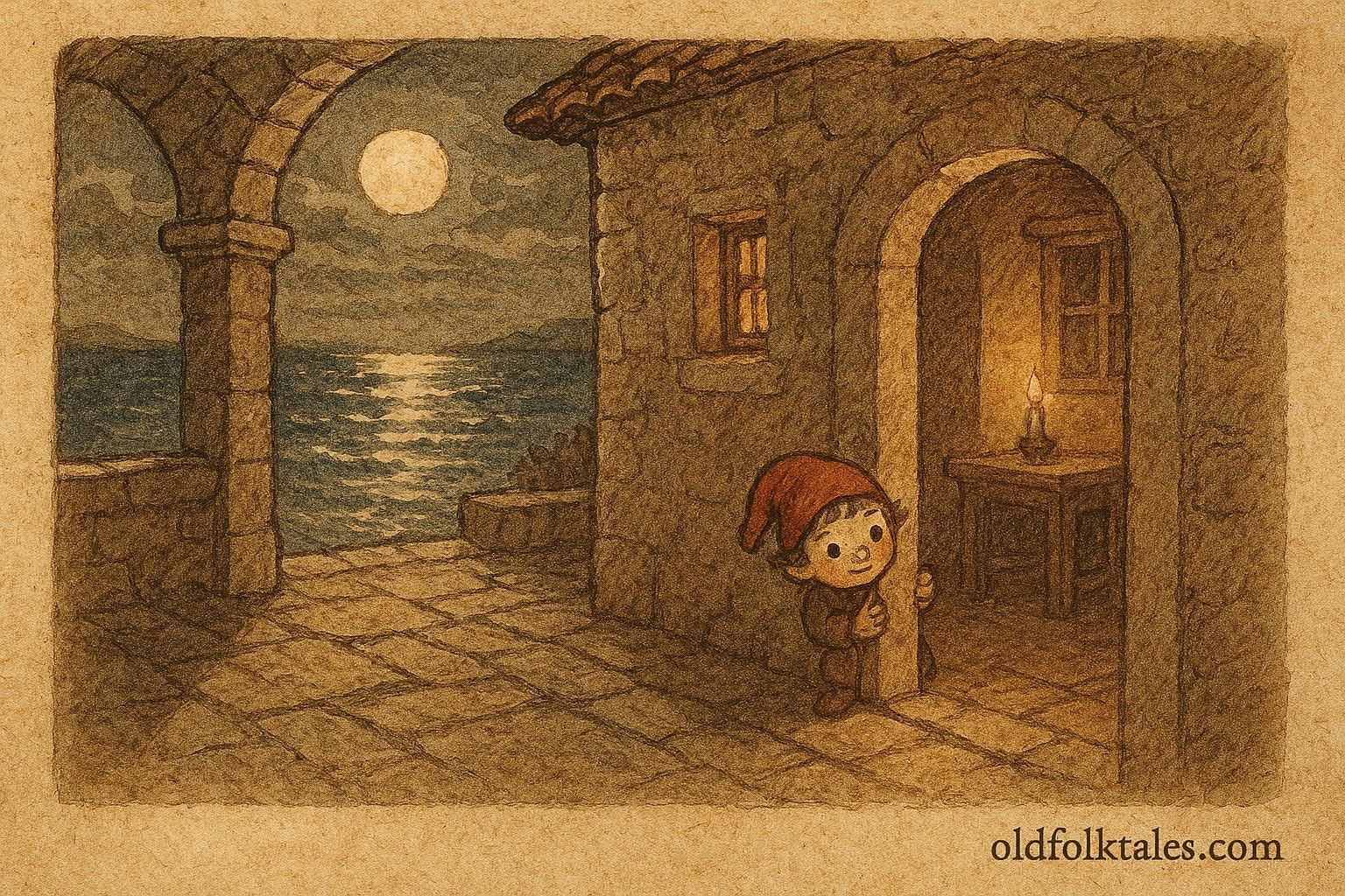 Parchment-style illustration of Tintilinić, red-capped night spirit child, inside a Croatian home at night.