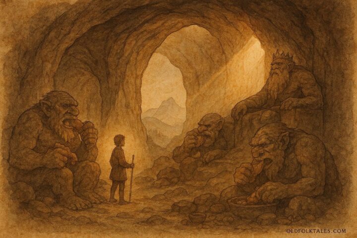 Parchment-style illustration of a herder confronting trolls and the Mountain King inside a mountain, Scandinavian folklore.