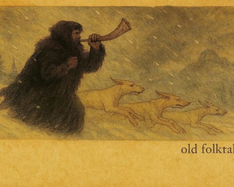 An illustration of Türst with ghostly three-legged hounds, Swiss-German folklore scene.