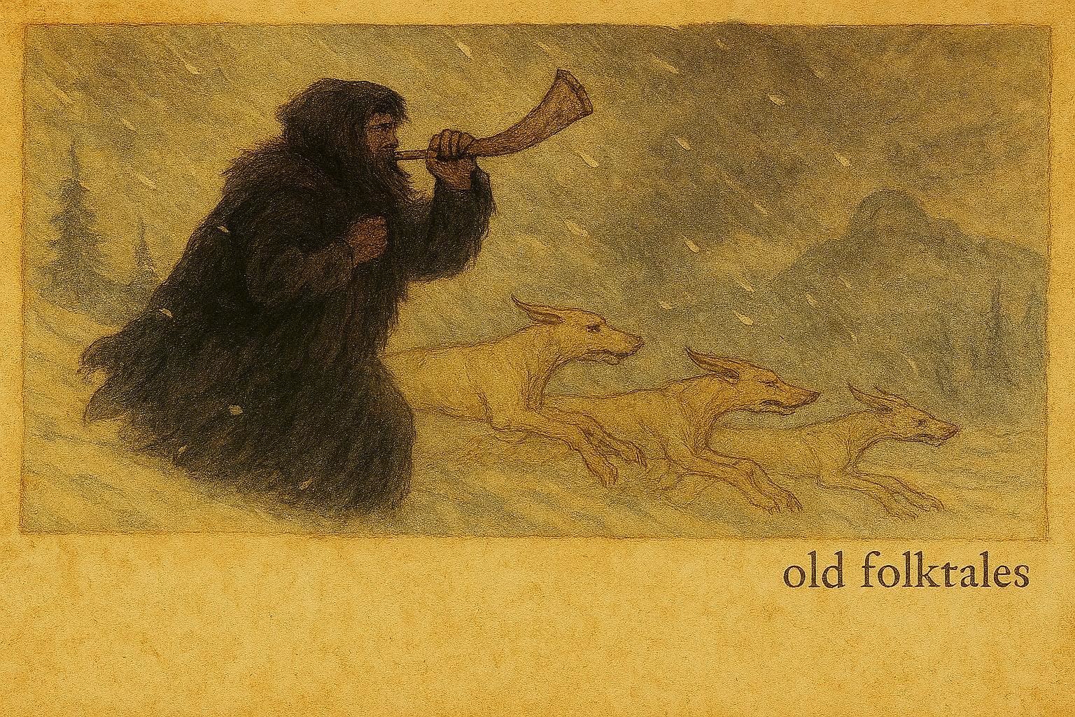 An illustration of Türst with ghostly three-legged hounds, Swiss-German folklore scene.