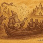 Parchment-style illustration of Väinämöinen and companions confronting Louhi for the Sampo, Finnish epic scene.