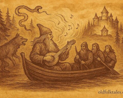 Parchment-style illustration of Väinämöinen and companions confronting Louhi for the Sampo, Finnish epic scene.