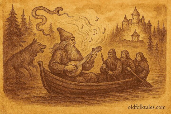 Parchment-style illustration of Väinämöinen and companions confronting Louhi for the Sampo, Finnish epic scene.