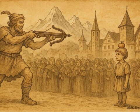 Parchment-style artwork of William Tell shooting an apple from his son’s head, Swiss folktale scene.