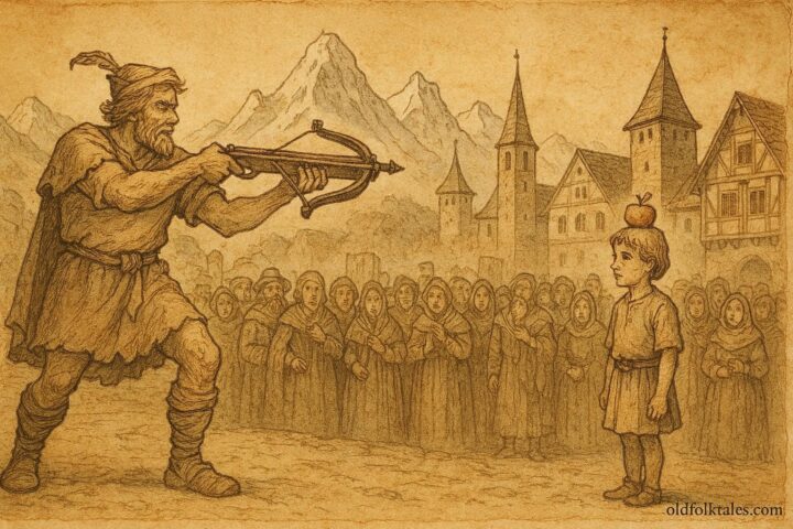Parchment-style artwork of William Tell shooting an apple from his son’s head, Swiss folktale scene.