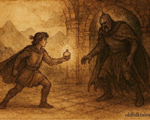 An artwork of Serbian prince defeating Bash Čelik, Balkan folklore scene.