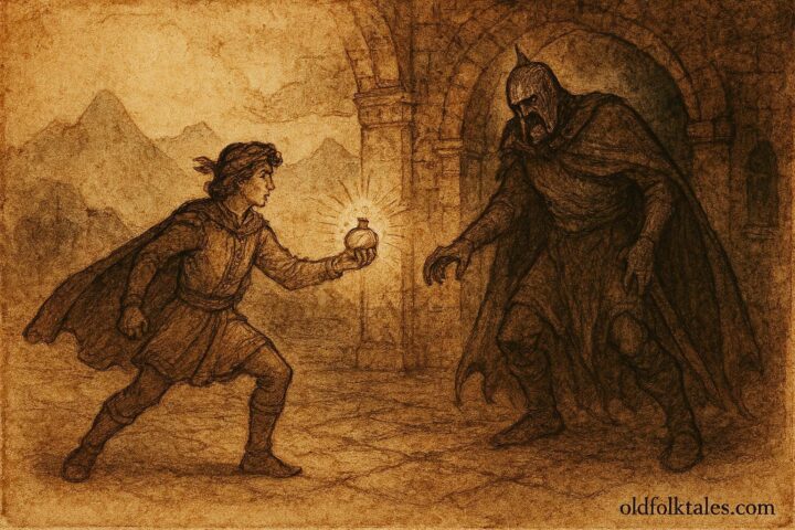 An artwork of Serbian prince defeating Bash Čelik, Balkan folklore scene.