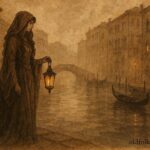 An illustration of Bella Venezia guiding sailors through foggy Venetian canals, Italian folktale.