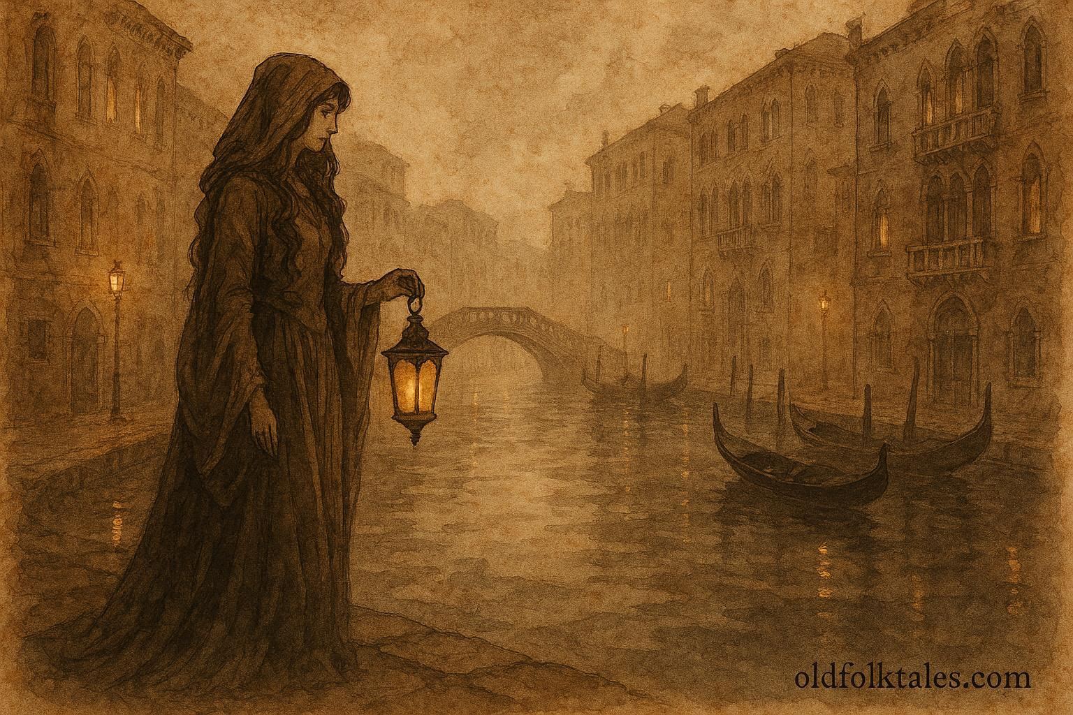 An illustration of Bella Venezia guiding sailors through foggy Venetian canals, Italian folktale.