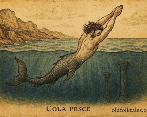 An illustration of Cola Pesce diving beneath Sicily, Sicilian sea folktale