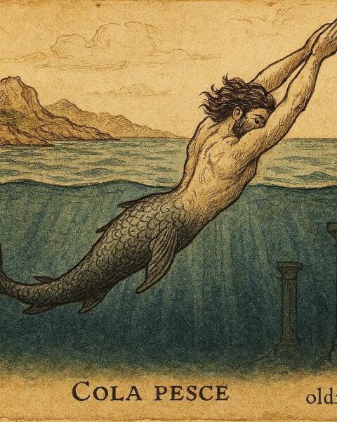 An illustration of Cola Pesce diving beneath Sicily, Sicilian sea folktale