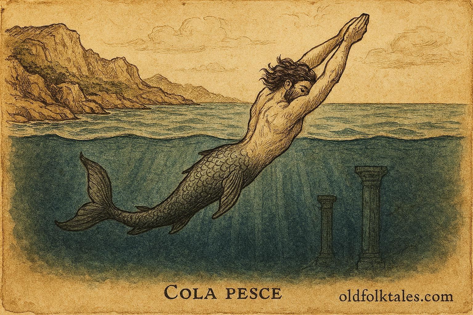 An illustration of Cola Pesce diving beneath Sicily, Sicilian sea folktale