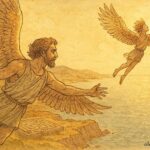 An artwork of Daedalus and Icarus flying over Crete, Greek myth scene.
