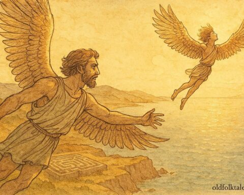 An artwork of Daedalus and Icarus flying over Crete, Greek myth scene.
