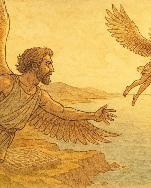An artwork of Daedalus and Icarus flying over Crete, Greek myth scene.