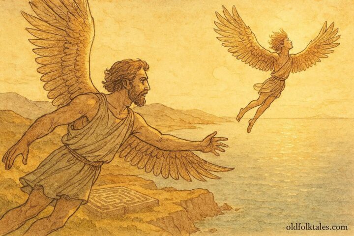 An artwork of Daedalus and Icarus flying over Crete, Greek myth scene.