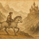 Parchment-style illustration of Dapplegrim guiding a youth, Norwegian folktale scene.